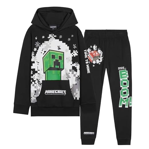 Minecraft Conjunto Chándal Niño - Sudadera con Capucha y Pantalones Niños (Negro/Green, 9-10 Años)