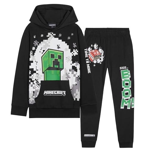 Minecraft Conjunto Chándal Niño - Sudadera con Capucha y Pantalones Niños (Negro/Green, 9-10 Años)