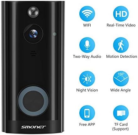 Doorbell Camera Wireless, SMONET WiFi Smart Doorbell, HD Security Camera with Two-Way Audio, Real-Time Video, Night Vision, Phone Ring, Free App for iOS and Android (Black)