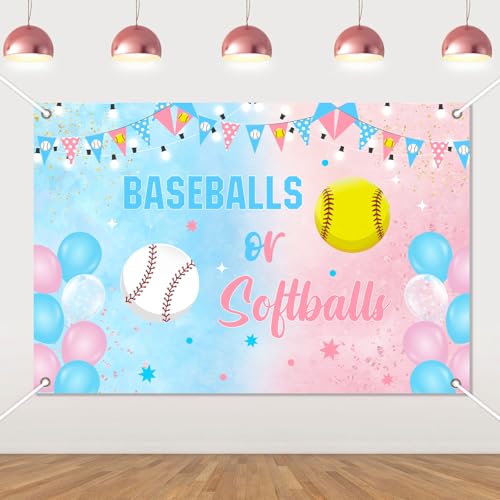 Baseballs Or Softballs Gender Reveal Decorations 4.92 * 3.28ft Baseballs Or Softballs Backdrop Banner Sports Theme Boy Or Girl Pink Or Blue He Or She It’s A Girl It’s A Boy Baby Shower Party Supplies