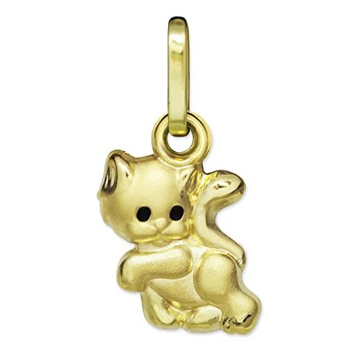 CLEVER SCHMUCK gyllene små barn hänge mini katt 8 mm ögon svart sidenmatt del glänsande 333 guld 8 karat