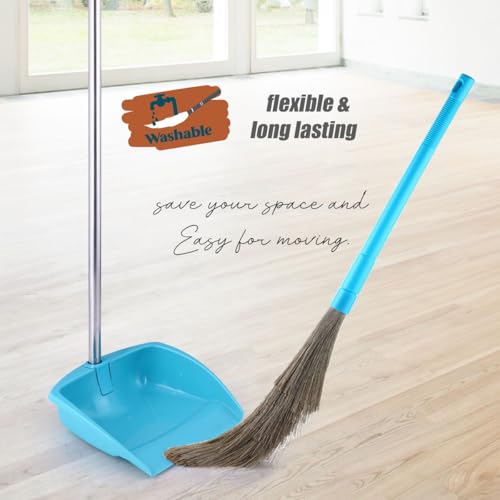 Image of Homeor Dustpan and Broom Set with Long Telescopic Handle for Dustpan & No-Dust Washable Broom, Dust Pan Set, Cleaning Combo Set, 2 Piece Set, Blue