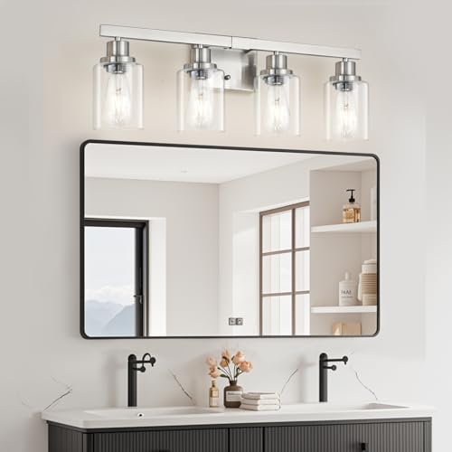Image of Bathroom Vanity Light, 4-Light Nickel Modern Matte Wall Sconce Lighting with Clear Glass Shade, Wall Lights,Bath Vintage Wall Mounted Lamps for Mirror Bedroom Living Room