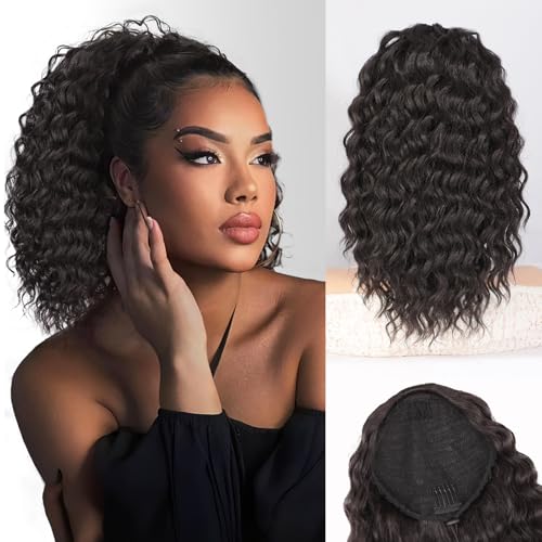 QGZ Drawstring Ponytail Extension 14 Inch Synthetic Wavy Curly Hair for Black Women Fluffy Ponytail Hair Extensions for Daily Use (Black Brown)