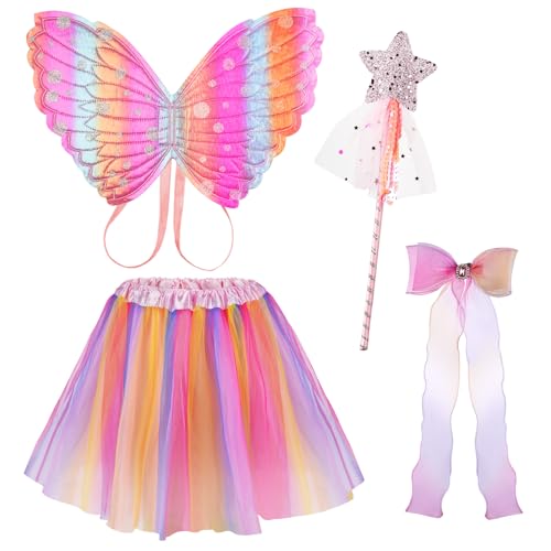 AUYAO Jupe Buste Enfant, 4 Pcs Robe Princesse Fille avec Ailes de Papillon, Couronne, Jupe Tutu et Baguette Magique, Robe de Soirée, Déguisements Cosplay, Déguisement Carnaval Noël Cosplay