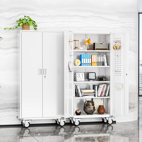 Image of INTERGREAT Rolling Metal Cabinet with Wheels,72 inch Locking Storage Cabinet with Adjustable Shelves,Large Capacity Pulley Cabinets for Home Office,School,Garage(White)