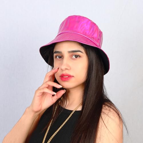 Image of Unisex Black Bucket Hat Waterproof Rain Hat Reversible Shiny Rave Bucket Hat for Concert Festival