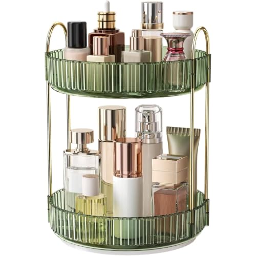 Image of Nieifi KIMEE 360 Rotating 2-Tier Makeup Organizer | Elegant Clear Green Lazy Susan Vanity Storage for Skincare Perfumes and Cosmetics | Multi-Purpose Tabletop Countertop Rotating Organiser Tray