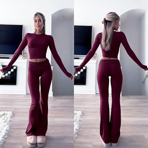 Image of YETOWA Y2K 2 Piece Outfits Tummy Control Long Sleeve Crop Top High Waisted Flare Pants Soft Knit Lounge Set
