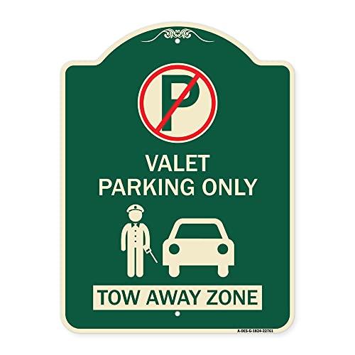 SignMission Designer Series Sign - Valet Parking Only Tow Away Zone with Car Graphic | Green & Tan 18" x 24" Heavy-Gauge Aluminum Architectural Sign | Made in The USA