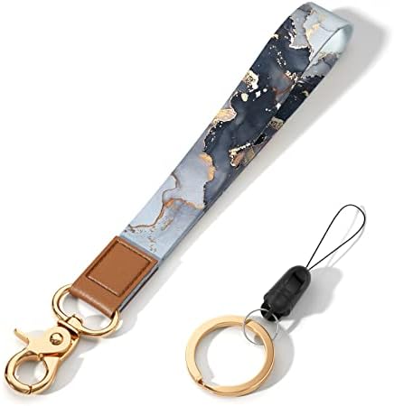 Hsxnam Wrist Lanyard Key Chain, Cute Wristlet Strap Keychain Holder for Women Men Keys Airpods ID Badges Phone, Black Marble