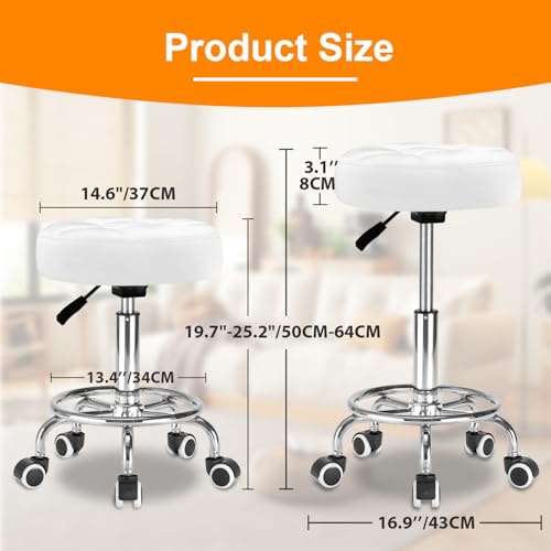 Image of Rolling Stool PU Leather Round - Ultra Soft Padded Seat Cushion Stool with Wheels with Footrest, Weight Capacity 300lb,Adjustable Height Stool for Tattoo Massage Salon Medical Spa Center (White)