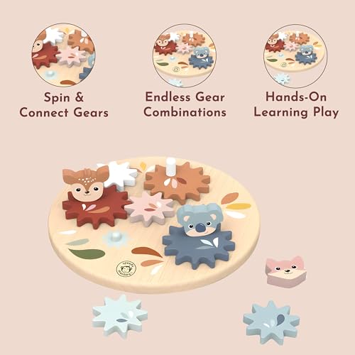 Image of SPEEDY MONKEY Wooden Spin Gear Toy for Toddlers 18m+ Spinning Gears Board | colorful spinning gears board, construction toys, sorting & stacking toys, preschool toys, STEM fine motor learning, creative