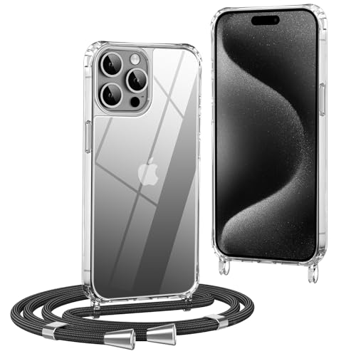 OLEPHY Coque avec Cordon pour iPhone 15 Pro 6,1'', Coque avec Collier Ajustable, [Antichoc] [Anti-Rayures] Cover avec Tour de Cou, Noir