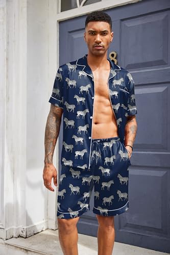 Image of Ekouaer Mens Satin Pajamas Set Button-Down Short Sleeve Shirt Top Soft Silk Sleepwear Shorts with Pockets