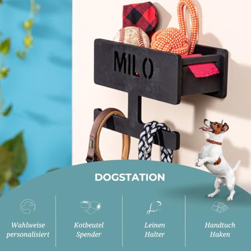 INEXTERIOR – Hundegarderobe personalisierbar mit Ablage & Leinenhalter in Schwarz - Hundezubehör Dogstation für Hundeleinen, Spielzeug & Leckerlis aus Birkenholz - Mit Kotbeutelspender & Montagekit