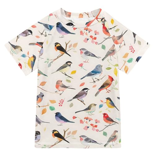 ALAZA Boys Rash Guard Swimming Shirt for Boys Short Sleeve Birds Painting Style UPF 50+ 5-6T