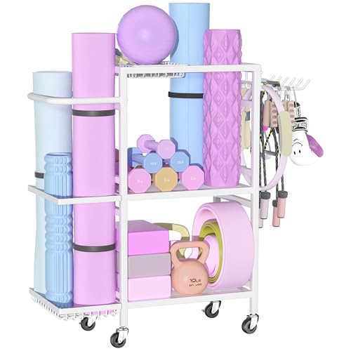 Home Gym Storage Rack, 3 Tier Yoga Mat Storage Rack with Wheel for Yoga Lover, Exercise Equipment and Workout Equipment Organizer, Yoga Mat Holder for Yoga Mats, Foam Roller and Dumbbells, White