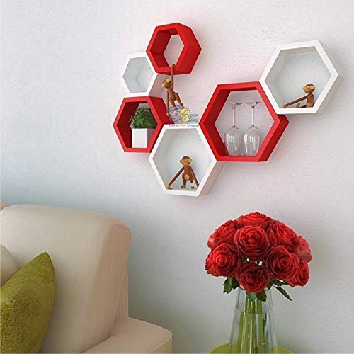 Image of BAS Engineered Wood Brown Art Shoppee Decorative Display With Hexagon Shape Set Of 6 Floating Wall Shelves And Racks For Living Room (Red & White)