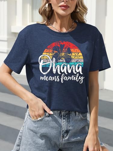 Image of Ohana Means Family Tshirt Women: Hawaii Tropical Graphic T-Shirt Summer Vacation Short Sleeve Tee Top