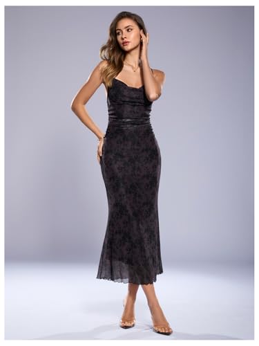 Image of SOLY HUX Women's Floral Mesh Bodycon Cami Dress Cowl Neck Sleeveless Cocktail Party Wedding Guest Long Maxi Dresses