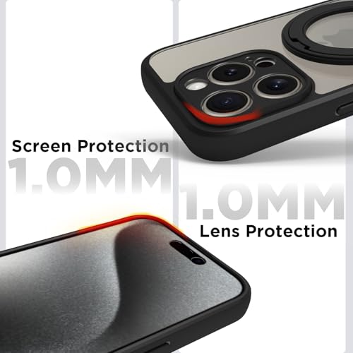 Image of RIGGEAR Shockproof Sleek Hybrid Armor 360 Rotating Magnetic Ring Stand Back Cover Case Compatible with MagSafe Accessories for iPhone 15 Pro (Clear PC + Black TPU Bumper)