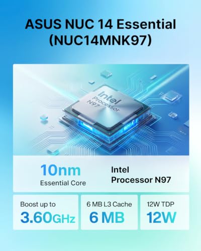 Image of ASUS NUC 14 Essential,Intel NUC 14 Mini PC,N97,8GB DDR5,256GB PCIe4 SSD | 4C /4T Up to 3.6GHz,12W,Versatile NUC Mini PC Computers,Type-C 3.2,4K,BT5.3,WiFi6E,W-11 Pro for Daily Office & Education