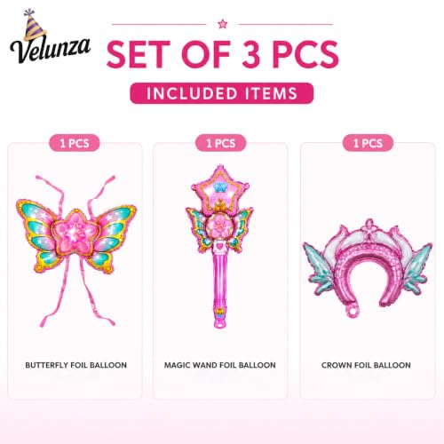 Image of Pink Butterfly Fairy Theme Foil Balloons For Kids Birthday Party. Set of 3 Pcs