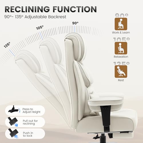 Image of BestGlory Office Desk Chair, Big and Tall Leather Gaming Chair with Footrest, Ergonomic Comfy Executive High-Back Reclining Computer Chairs, Wide Swivel Rolling Wheels and Padded Lumbar Support, White