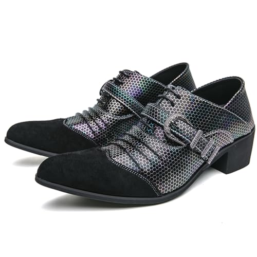 Men's Holographic Dress Shoes Classic Formal Shoes Suede Toe Cap with Buckle Detail Block Heel Hexagon Pattern Dress Loafers Comfy Penny Loafers