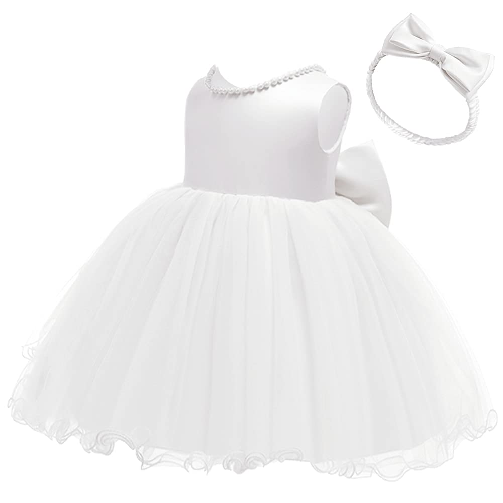 Flower Girls Beaded Bowknot V-back Tutu Dress for Kids Baby Christening Baptism Communion Birthday Party Formal Dress Toddler Princess Pageant Wedding Bridesmaid Gown with Headwear White 18-24 Months