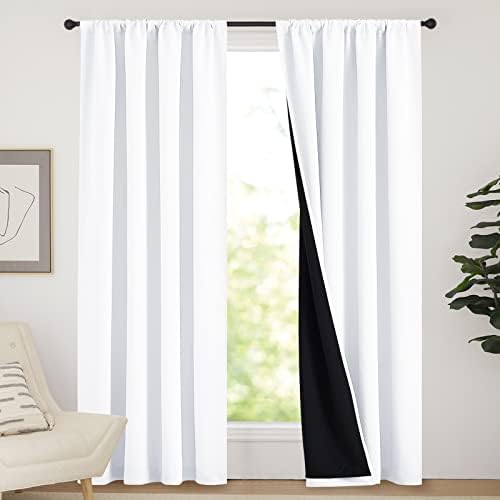 NICETOWN 100% Blackout Curtain Panels, Rod Pocket Window Curtains with Black Liner for Nursery, 84 inches Drop Heat and Full Light Blocking Draperies (White, 2 Pieces, 52 inches Wide Each Panel)