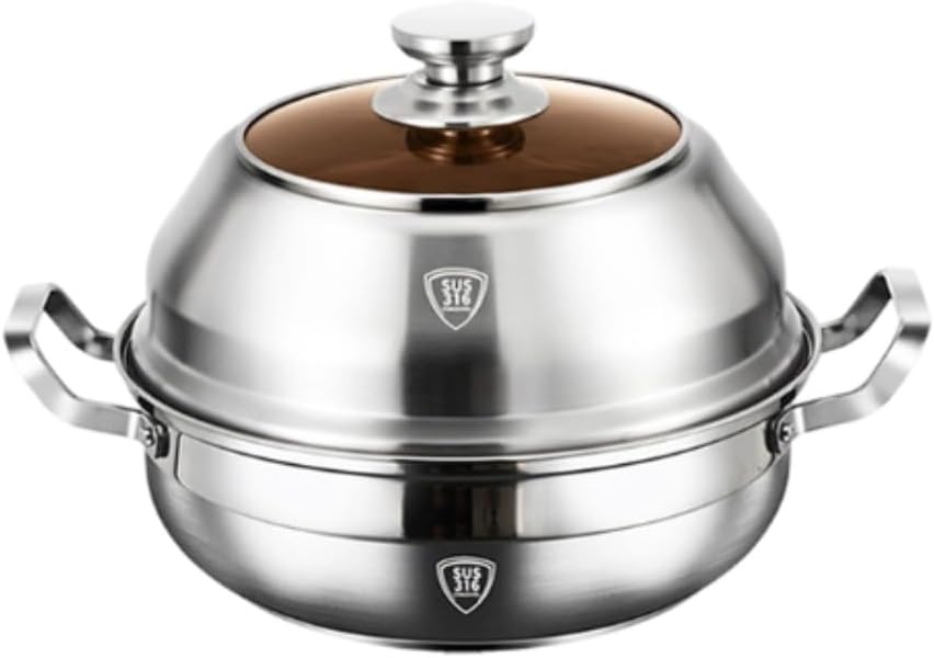 スチームクッカー、業務用蒸し器、ガラス蓋とステンレススチールの3層ベース付き、電磁調理器やその他の熱源に適しています。 (30cm)