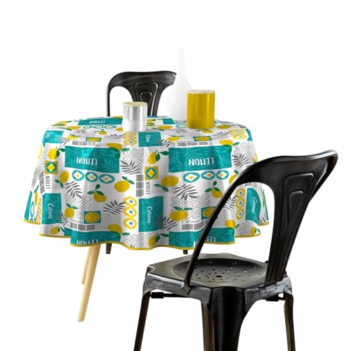 Douceur d'Intérieur, Nappe Ronde (Diamètre 160 cm) Citronnade Jaune, PVC Imprimé