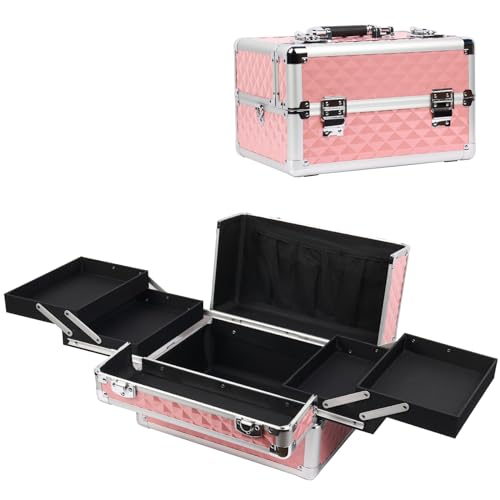 EBANKU Makeup Train Case Portable Cosmetic Box Makeup Case Organizer, 4 Trays Lockable Makeup Storage Box for Cosmetologist, Makeup Tools, Craft Travel Cosmetology Case(Pink)