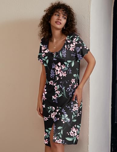 Image of Ekouaer Women Nightshirts Button Down Nightgown Sleep Shirt Short Sleeve Night Shirts Pajama Dress