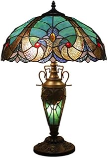 WERFACTORY Rustic Large Tiffany Style Table Lamp with Art Nightlight 24" Tall Green Stained Glass Liaison Vintage Base Lover Living Room Bedroom Bedside Nightstand Home Office Family