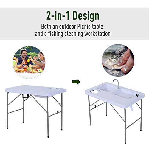 Outsunny Folding Camping Table With Faucet And Dual Water Basins, Outdoor Fish Table Sink Station, For Picnic, Fishing, 40'' #TOP4