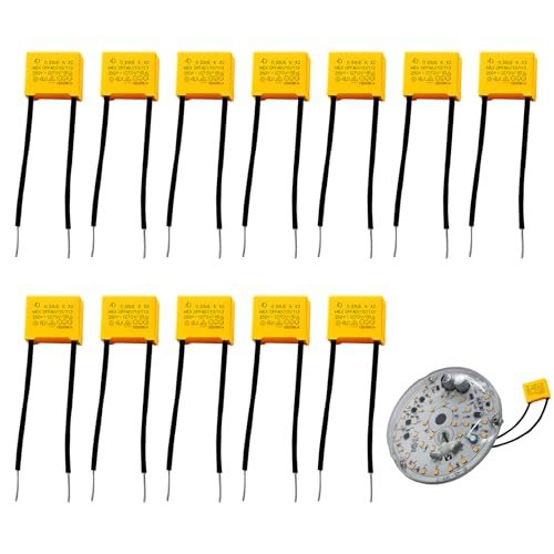 Menibeuty Pack de 12 Condensador Supresor LED 0,33µF 275V X2, Filtro Anti-Parpadeo y Anti-Interferencias para Lámparas y Radio, Condensadores de Seguridad Radiales con Cable, Amarillo