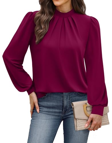 Image of WIHOLL Long Sleeve Shirts for Women Mock Neck Tops Pleated Front Blouses Dressy Casual Spring Fall Clothes 2026 Fashion