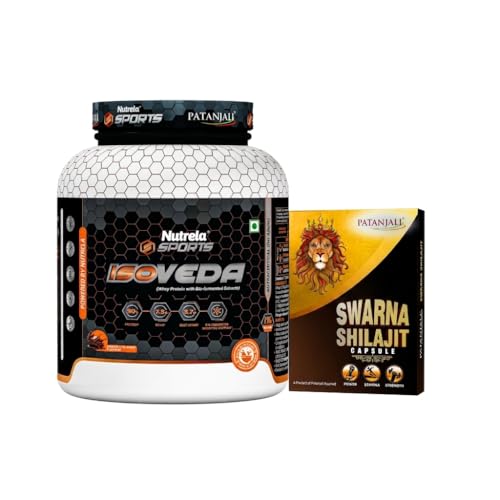 Image of NUTRELA Sports Patanjali Whey Protein Isolate 2kg, Irish Chocolate and Shilajit 10 Caps