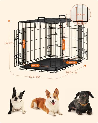 Feandrea Hundekäfig, klappbar, mit 2 Türen, ausziehbare Kunststoffschale, 92,5 x 57,5 x 64 cm, L, schwarz PPD36H