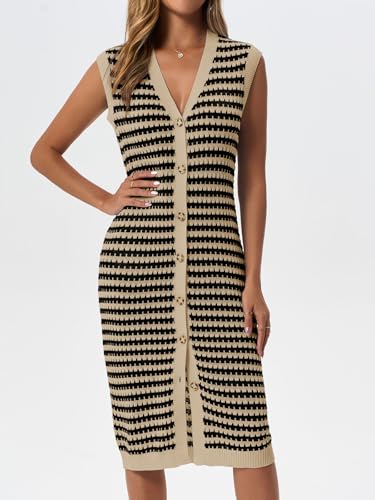 Image of Saodimallsu Womens Sleeveless Summer Cardigan Striped V Neck Button Up Loose Knit Midi Sweater Tank Dress