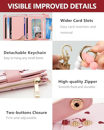 Image of Keychain Wallet Wristlet for Women,RFID Small Cherry Bow Wallet | Wallet Wristlet with Zipper Coin Pocket,Vegan Leather Card Wallets for Women, 2 ID Window,Gift