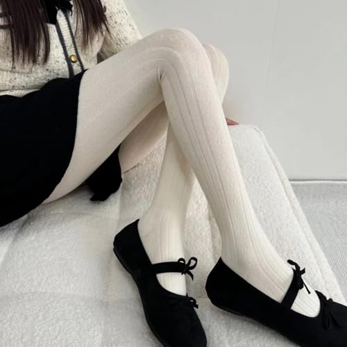 Image of Mrotrida Women's Vertical Stripe Jacquard Tights Autumn Winter Solid Elastic Leggings Thickened Warm Pantyhose (US, Alpha, One Size, Regular, Regular, White)