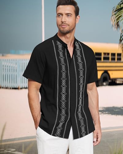 Cuban Guayabera Shirts for Men Short Sleeve Casual Button Down Shirt Band Collar Beach Camp Mexican Shirt3