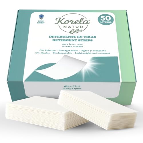 Korela Natur Detergente en Tiras Ecológico - 50 Tiras para hasta 100 Lavados - Biodegradable 100% soluble - Limpieza responsable .Ideal para Pieles Sensibles y Viajes - Aroma Lino