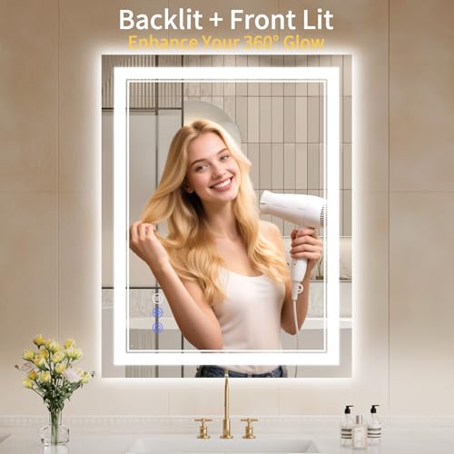 Image of 28 inchx36 inch LED Bathroom Mirror with Lights, Anti-Fog, Backlit + Front Lit, Dimmable, Led Vanity Mirror for Wall, Lighted Bathroom Mirror, 3 Colors, Shatter-Proof Tempered Glass