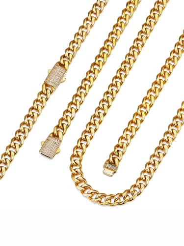 Bandmax 6MM Cuban Chain Necklace Stainless Steel Gold Plated Flat Miami Link Chain With Cubic Zirconia Clasp 20 Inch Shining Streetwear Hip Hop Style Neck Chain Gift for Birthday Christmas Valetines Day