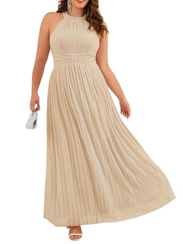 Image of Ever-Pretty Plus Women's Floor Length A-Line Halter Sleeveless Pleated Glitter Plus Size Formal Dress Evening Gown